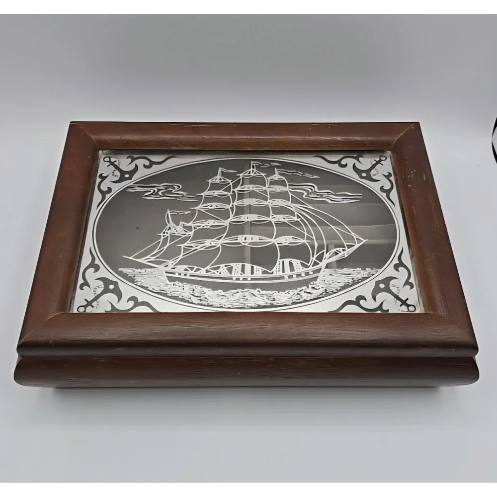 Vintage Wooden Powell Jewelry Box Ship Mirrored Glass Nautical Decor MCM